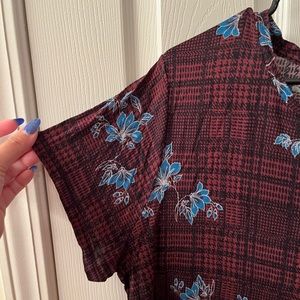 Maroon & Black Plaid Lightweight Blouse with Blue Flowers